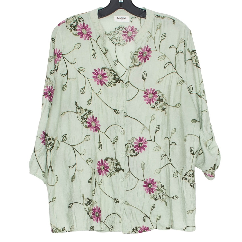 Floral 3/4 Sleeve Embroidered Top Gauze Button Up Boho Cottagecore Green Plus 1X